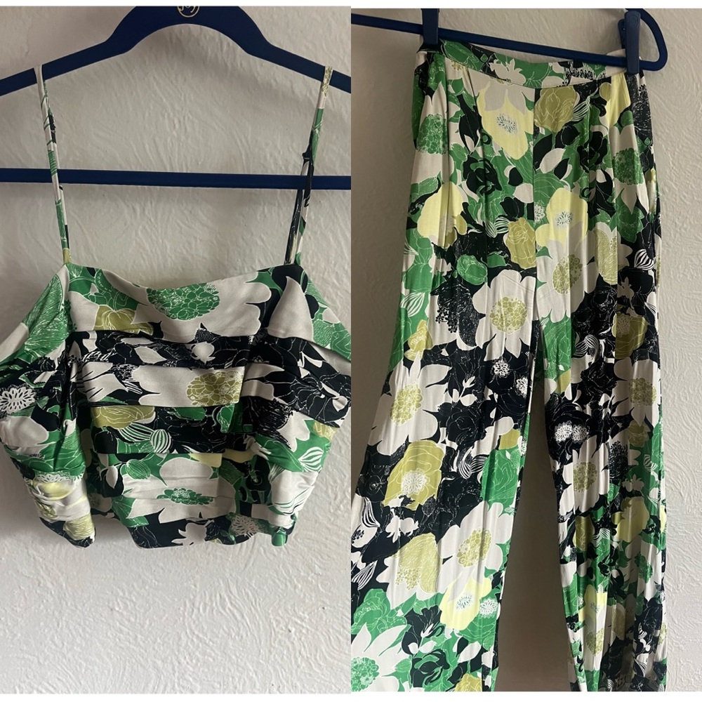 Anthropologie Satin Floral Two Piece/Coord Set, pants and cropped tank